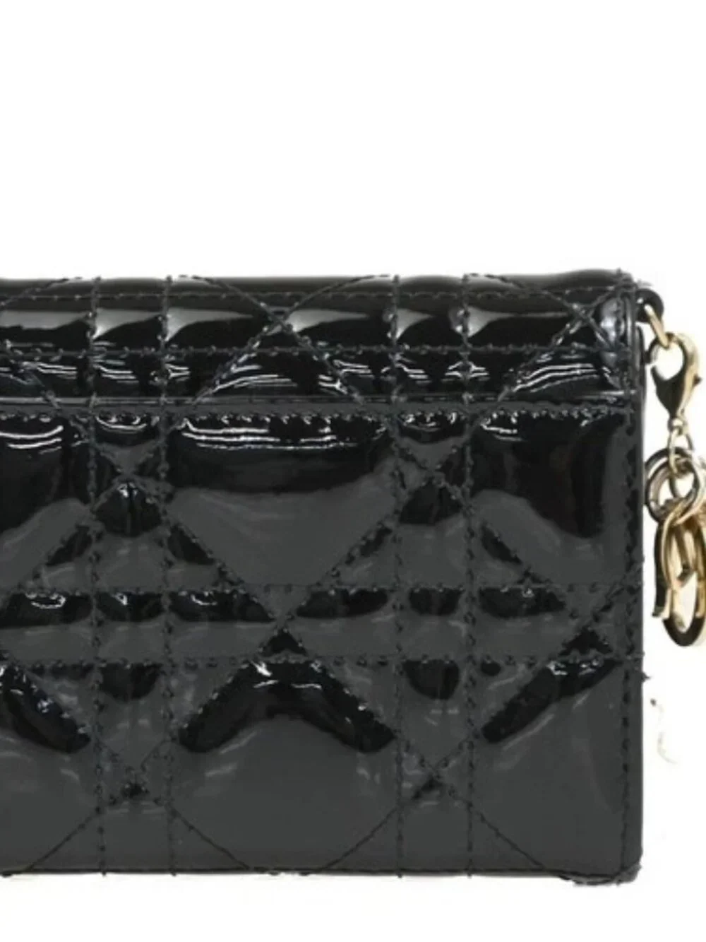 CHRISTIAN DIOR Logo Cannage Trifold Compact Wallet Patent Leather Black 34KC613